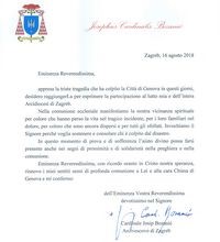 Pismo sućuti kardinala Bozanića povodom tragičnog događaja urušavanja mosta u Genovi